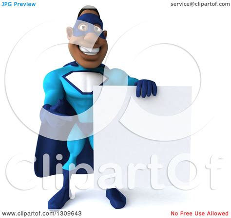 Clipart Of A 3d Buff Black Super Hero Man In A Blue Costume Holding
