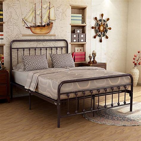 Metal Bed Frame Iron Decor Steel Queen Size Base With Headboard And