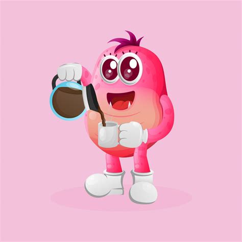 Cute Pink Monster Drinking Coffee Coffee Time 13844772 Vector Art At