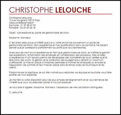 Pour vous aider dans vos recherches de jobs, stages ou premier emploi, l'etudiant met à votre disposition plus de 300 modèles gratuits de lettres de motivation et de cv. Exemple de Lettre de Motivation Gestionnaire de Stock ...