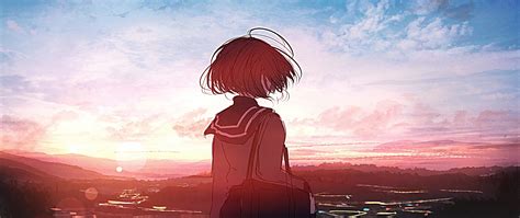 Download Wallpaper 2560x1080 Anime Girl Sunset Outdoor Art Dual