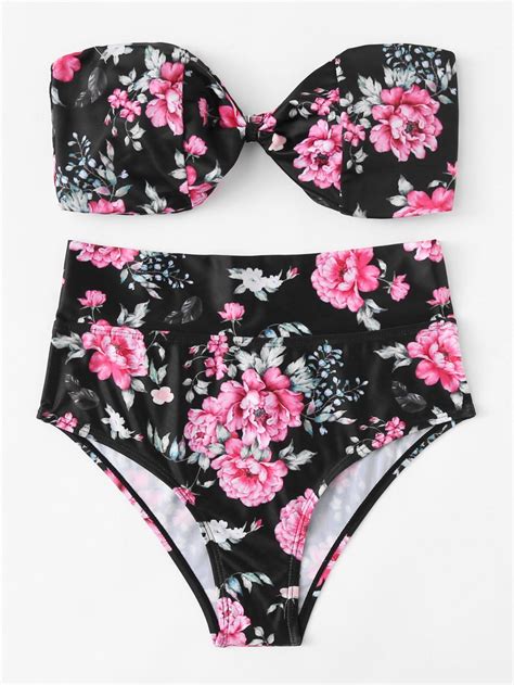 Flower Print Bandeau Bikini Set | Bandeau bikini set, Floral high waisted bikini, Bandeau bikini