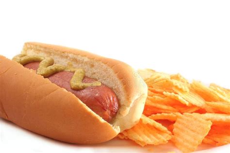 Hot Dog With Mustard And Potato Chips Isolated On White Stock Image