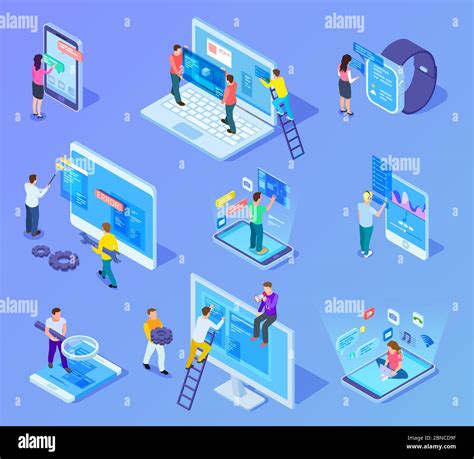 People And App Interfaces Isometric Concept Users And Developers Work