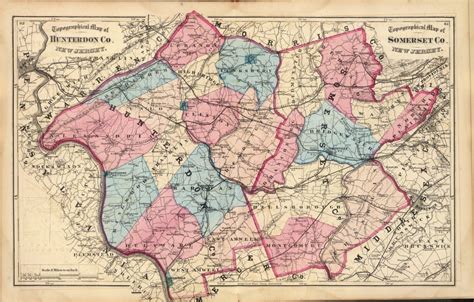 1872 Antique Map Poster Genealogy Hunterdon Somerset