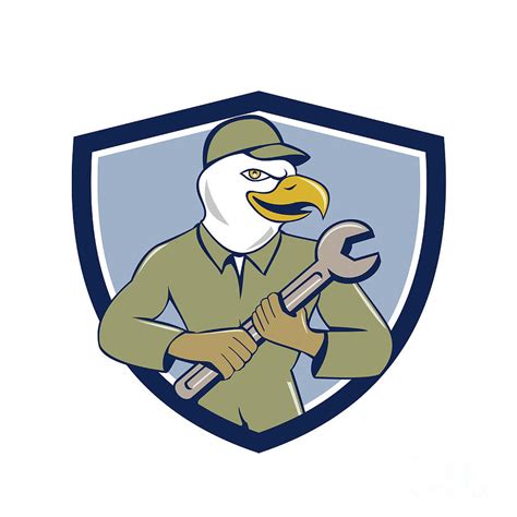American Bald Eagle Mechanic Spanner Crest Cartoon Digital Art By