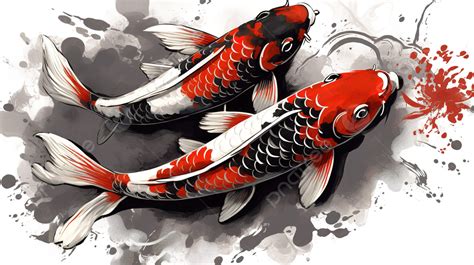 Red And Black Koi Fish Have Paint Splashes On Their Bodies Background
