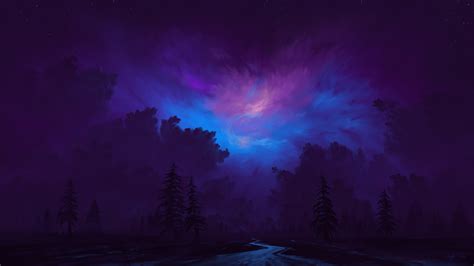 River Night Bisbiswas Stars Clouds Forest Digital Art Hd