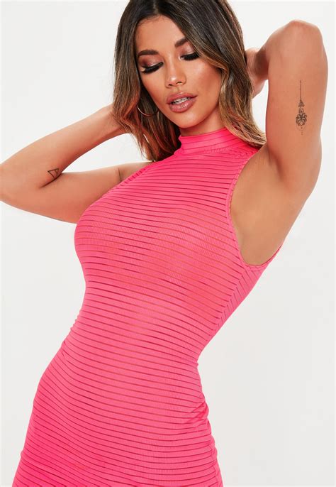 Pink Mesh Stripe Bodycon Mini Dress Missguided