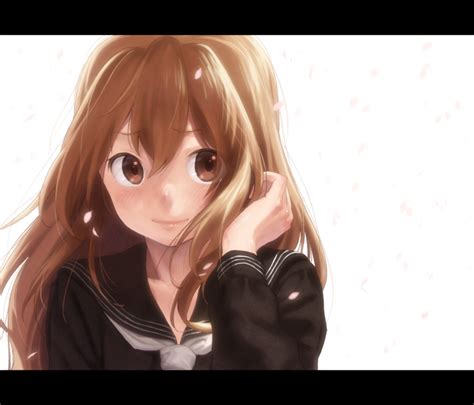 safebooru 1girl aisaka taiga blush brown eyes brown hair bust cherry blossoms letterboxed lips