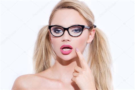 Sexy Blonde Woman In Glasses With Double Ponytail Stock Photo By Sakkmesterke