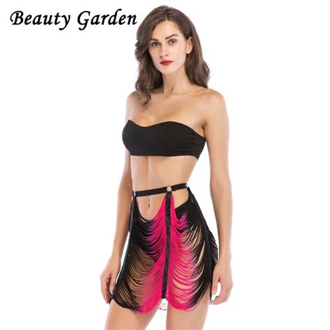 beauty garden fashion solid women sets strapless backless top and mini skirt sets tassel hollow