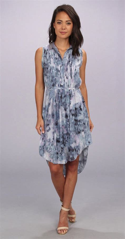 Rebecca Taylor Blue Print Pintuck Sleeveless Silk Shirtdress Belted