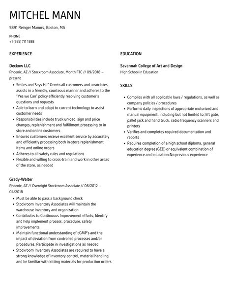 Stockroom Associate Resume Samples | Velvet Jobs