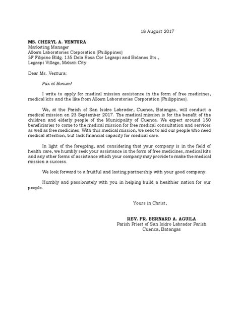 Letter Request For Medical Mission Assistance Health Care Public Health