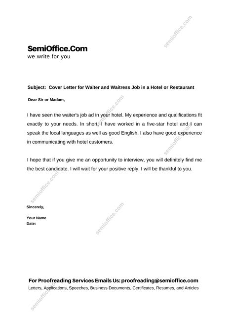 Application for Employment as Waiter in Restaurant or Hotel