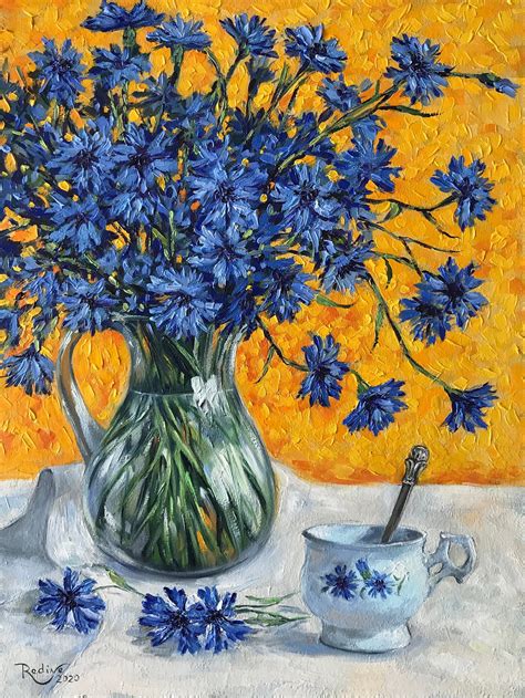 Cornflowers Framed Original Oil Painting Blue Flowers Oil Painting