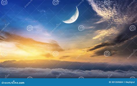Muslim Half Moon And Soft Sunset At Arab Night Over The City Light In