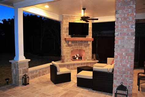 Outdoor Living Area With Corner Fireplace Dallas By Texas Custom