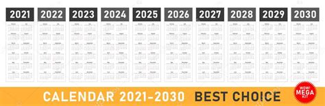 Mega Calendario 2021 2022 2023 2024 2025 2026 2027 2028 Vector De Stock