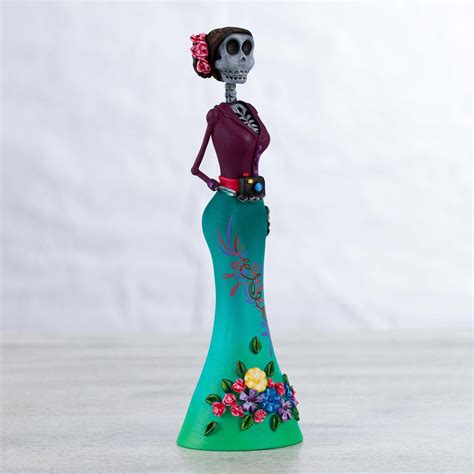 Hand Painted Ceramic Catrina Sculpture In Teal And Eggplant Catrina