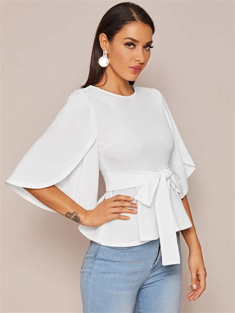 Split Sleeve Belted Peplum Top SHEIN USA Peplum Tops Haut Peplum