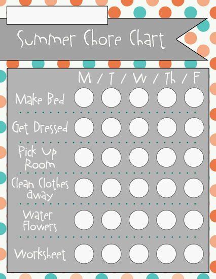 Summer Chore Charts 6 Designs Available Completed For Blank Over