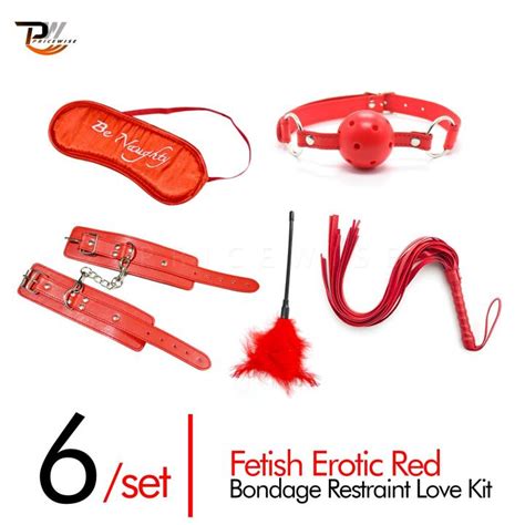 Fetish Erotic Red Bondage Restraint Love Kit With Whip Handcuff Mouth Gag Cotton Rope Punk