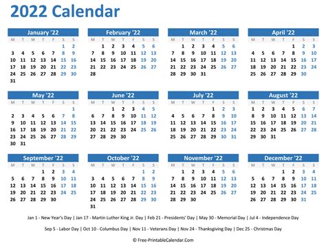 Free Printable 2022 Yearly Calendar With Holidays Calendar Example And Ideas