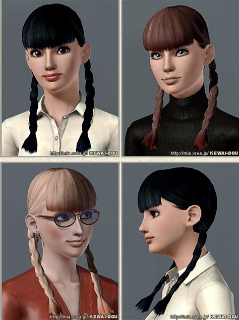 Double Braided With Bangs Hairstyle Suzu By Kewai Dou Sims 3 Hairs