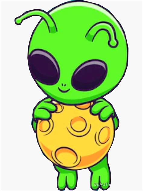 Cute Baby Alien Playing With The Moon Vector Cartoon Sticker For