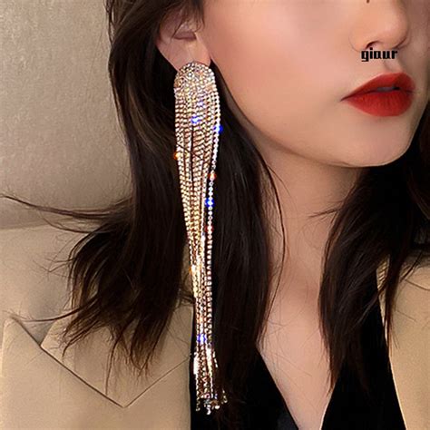 Giaur Long Full Rhinestone Tassel Earrings Alloy Shiny Women Dangle Earrings Jewelry Accessories