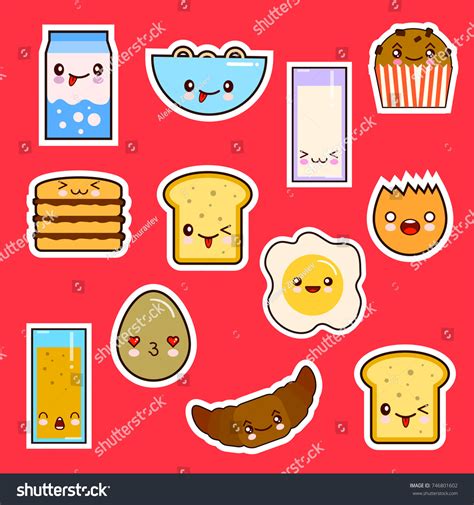 Kawaii Breakfast Food Set Cute Faces Stock Illustration 746801602