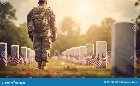 A Soldier Standing in Solidarity with Fallen Soldiers at a Cemetery