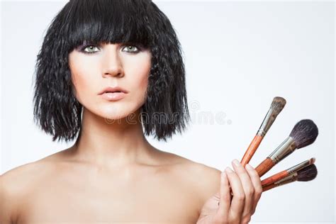 Beautiful Woman With Makeup Brushes Stock Image Image Of Clean