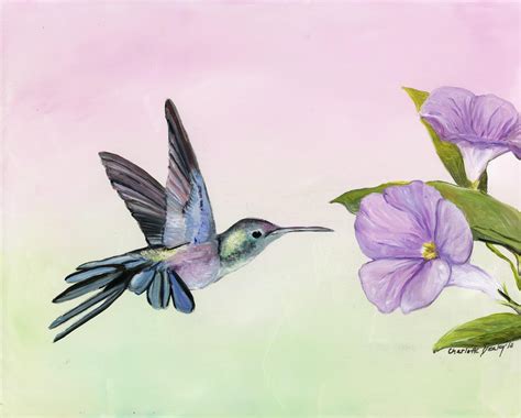Art By Charlotte Yealey Hummingbird At Morning Glory Oil By