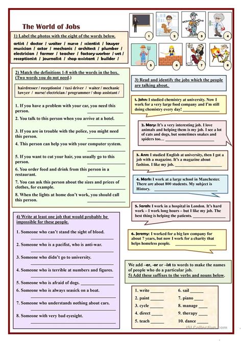 the world of jobs english esl worksheets for distance learning and