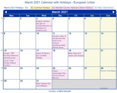 Print Friendly March 2021 Eu Calendar For Printing