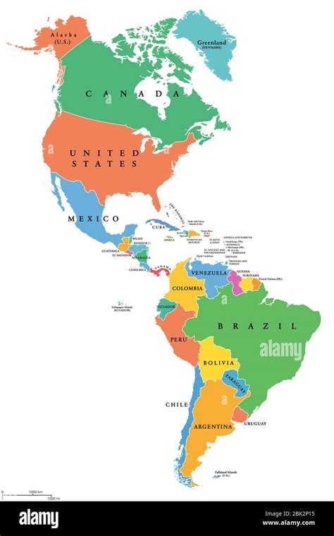 The Americas Single States Political Map With National Borders