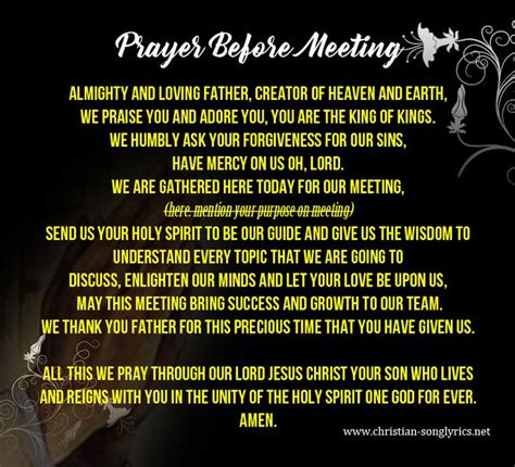 I was set to attend the meeting when i suddenly got a call informing me that i am requested to get to the hospital immediately because my husband had been involved in an accident. Prayer Before Office Meeting || Opening Prayer for ...