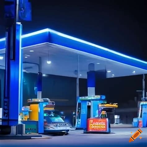 illuminated blue aral gas station at night on craiyon