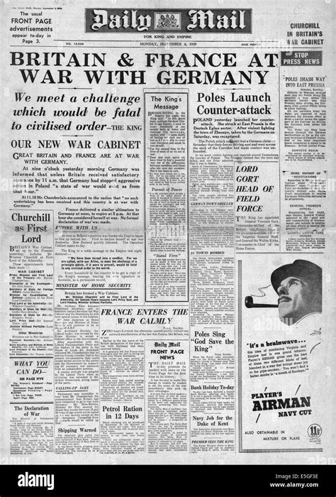 1939 World War Two World War 2 Newspaper Headline Hi Res Stock