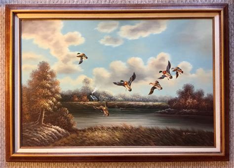Beautiful Vintage Original Mallard Scenic Oil Painting On Canvas By J