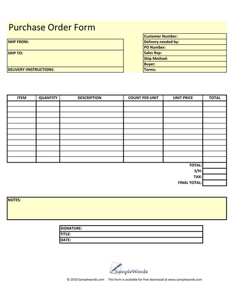 Printable Purchase Order Form Template Free Printable Templates