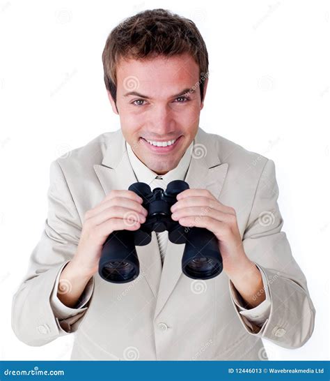 Cheerful Businessman Looking Through Binoculars Stock Image Image Of
