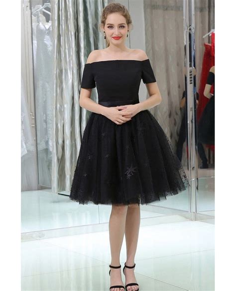 Little Black Short Lace Tulle Satin Prom Dress With Off The Shoulder