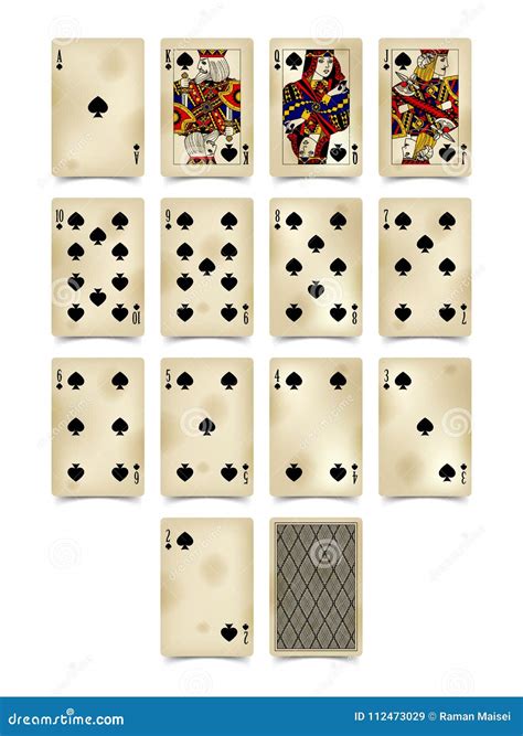 Playing Cards Of Spades Suit In Vintage Style Isolated On White Stock