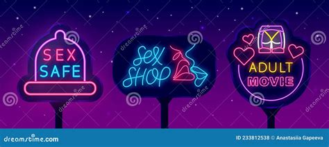 Sex Shop Neon Street Billboards Set Adult Movie Emblem Sex Safe Sign Isolated Vector