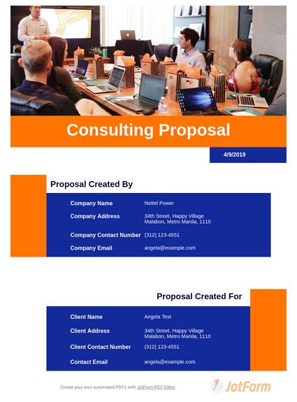 For professionals providing general consulting services, our free example business proposal template can save time when preparing estimates for new clients. Consulting Proposal Template - PDF Templates | JotForm