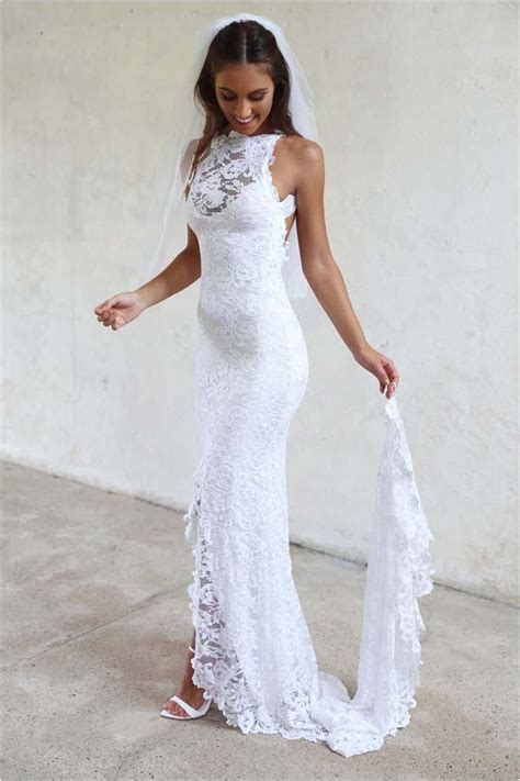 White High Neckline Lace Backless Mermaid Wedding Dresses Court Train